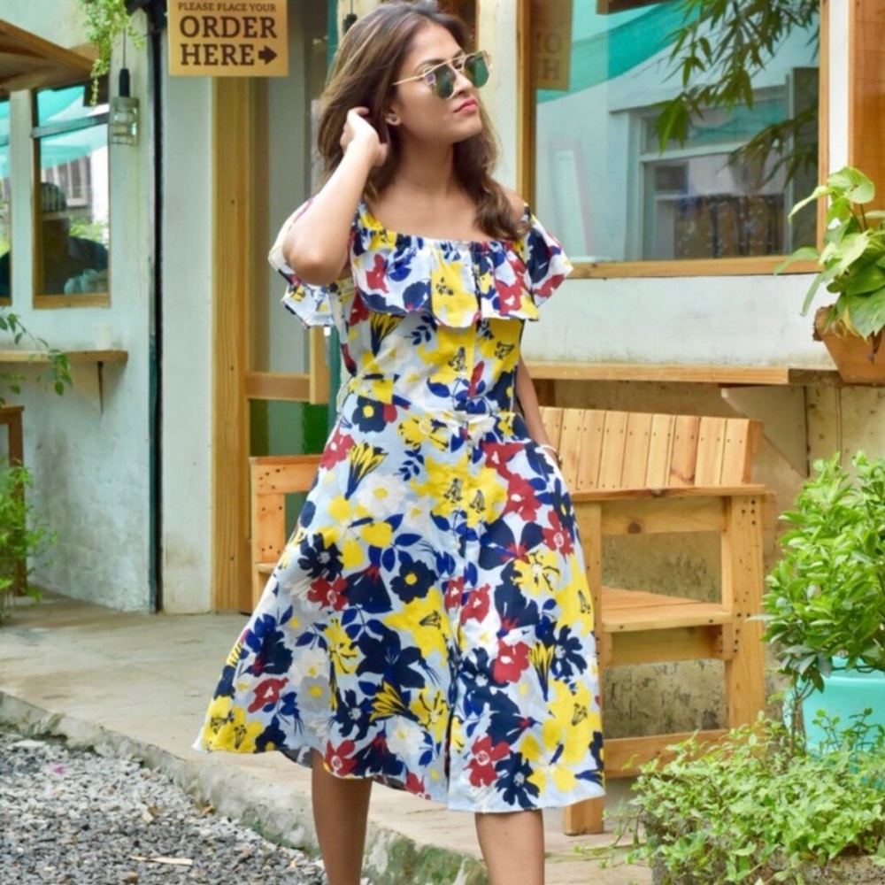 ZARA Z1975 Denim - Off shoulder dress with floral print (L) - EUC